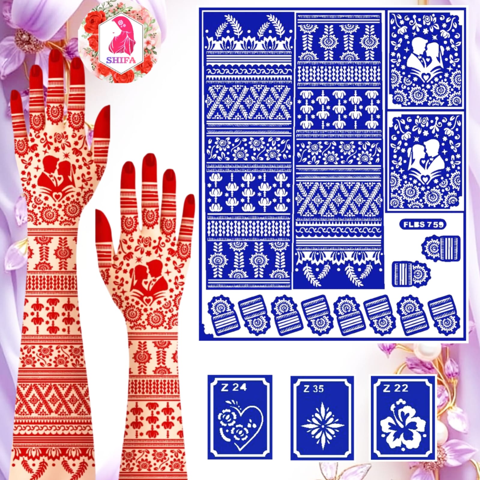 FLBS 759 Bride & Groom Themed Design Sticker Overview Henna Stencil - Shifa Stencil